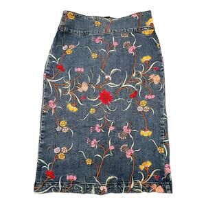 Anthropologie Maeve Size 0 Floral Embroidered Stretch Denim Pencil Skirt Boho